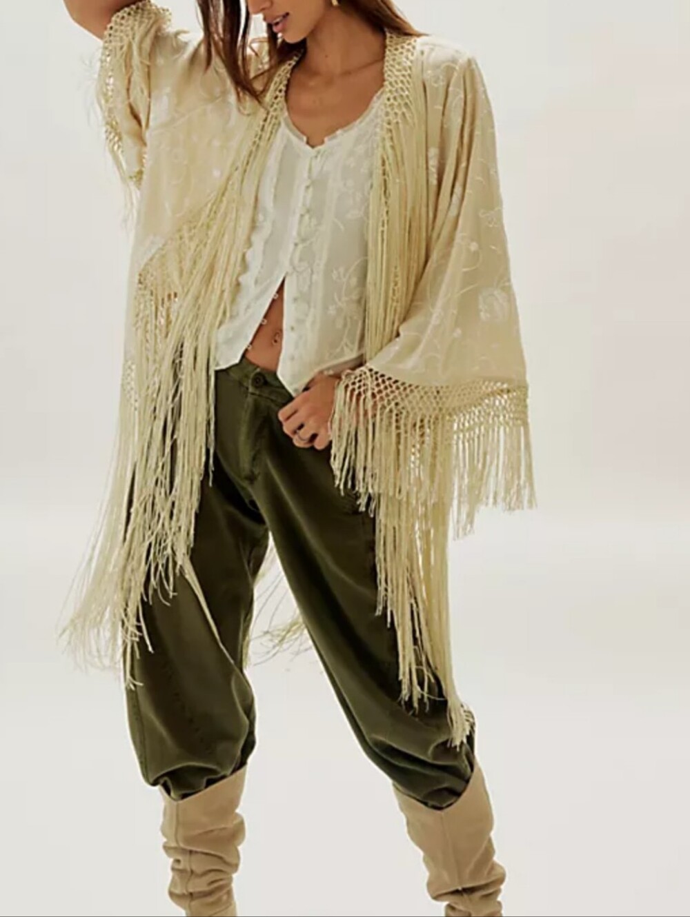 Free People Cream Fringe Kimono